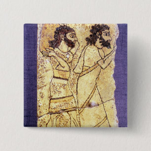 A plaque depicting two men walking 15 cm square badge