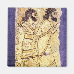 A plaque depicting two men walking magnet