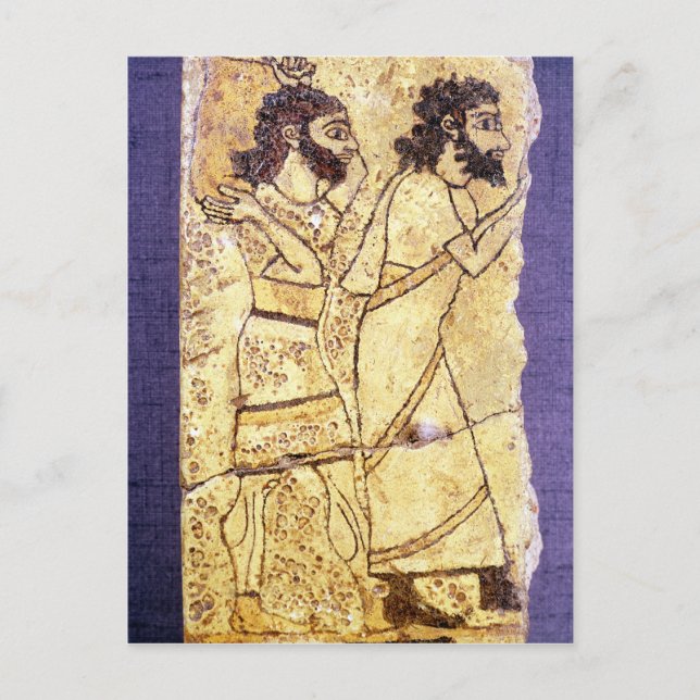 A plaque depicting two men walking postcard (Front)