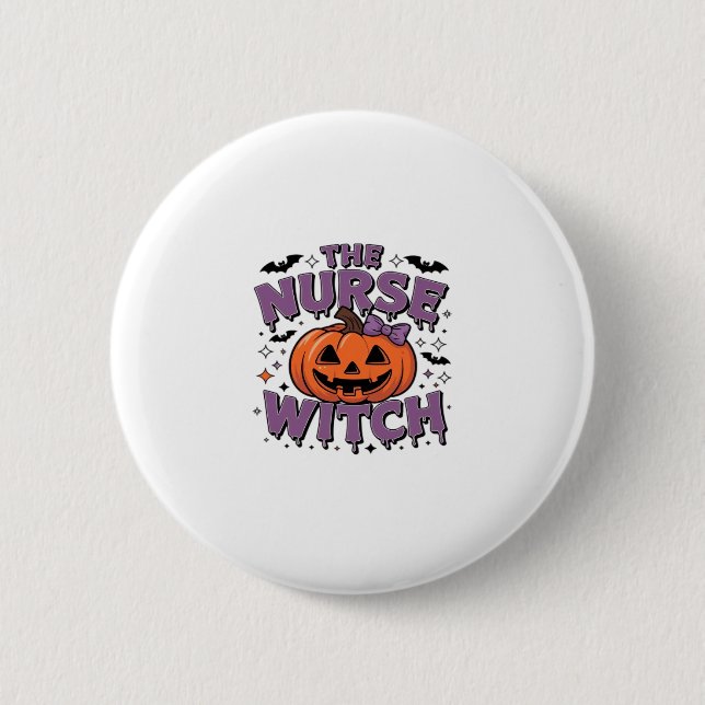 A playful design featuring a pumpkin witch with a  6 cm round badge (Front)
