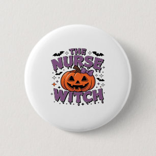 A playful design featuring a pumpkin witch with a 6 cm round badge