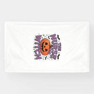 A playful design featuring a pumpkin witch with a banner