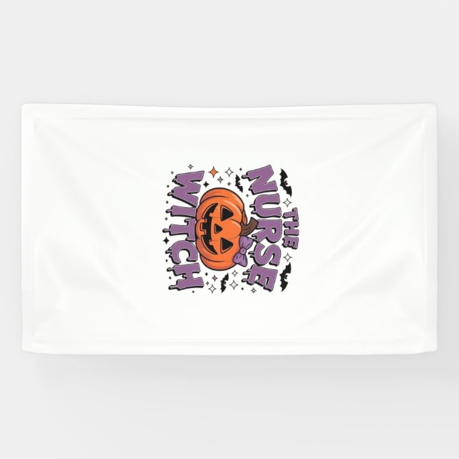 A playful design featuring a pumpkin witch with a  banner (Horizontal)