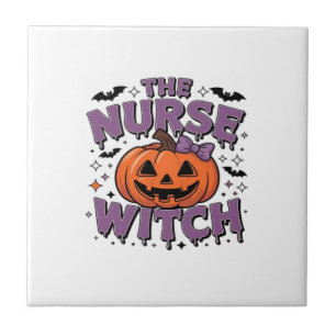 A playful design featuring a pumpkin witch with a ceramic tile