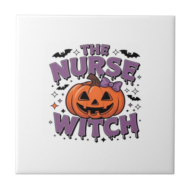 A playful design featuring a pumpkin witch with a  ceramic tile (Front)