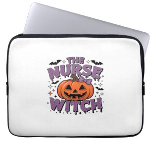 A playful design featuring a pumpkin witch with a  laptop sleeve