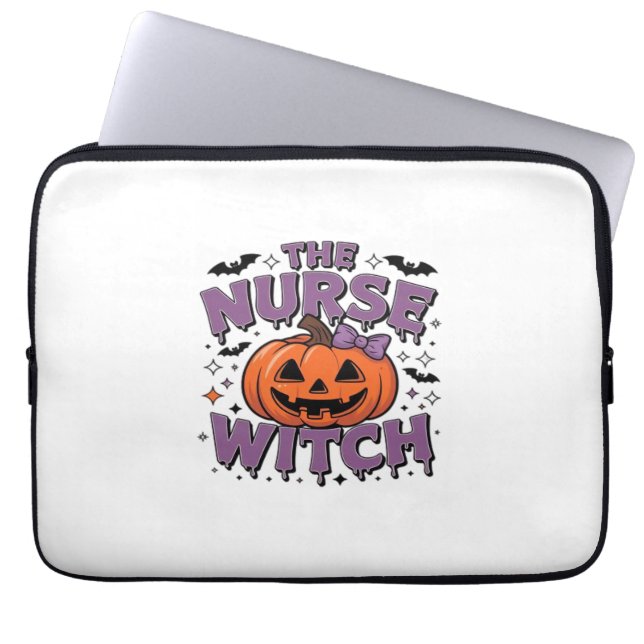A playful design featuring a pumpkin witch with a  laptop sleeve (Front)