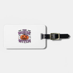 A playful design featuring a pumpkin witch with a luggage tag