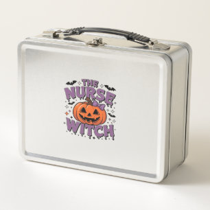 A playful design featuring a pumpkin witch with a  metal lunch box
