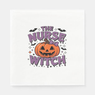 A playful design featuring a pumpkin witch with a  napkin