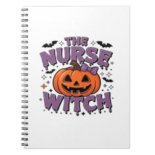 A playful design featuring a pumpkin witch with a  notebook