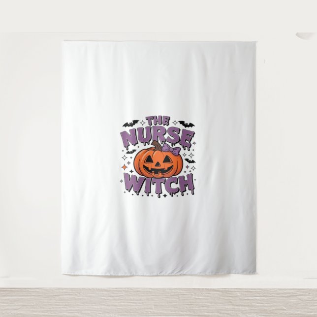 A playful design featuring a pumpkin witch with a  tapestry (Front)