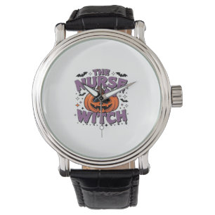 A playful design featuring a pumpkin witch with a  watch