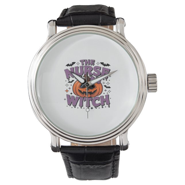 A playful design featuring a pumpkin witch with a  watch (Front)