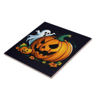 A playful ghost and carved pumpkin for Halloween Ceramic Tile