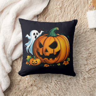 A playful ghost and carved pumpkin for Halloween Cushion