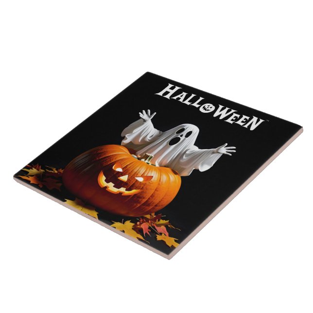 A playful ghost emerges from a carved pumpkin ceramic tile (Side)