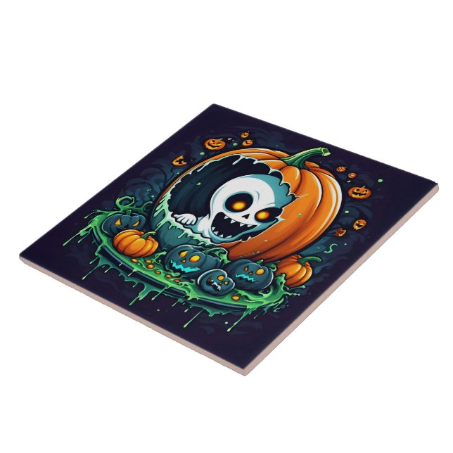 A playful ghost emerges from a Halloween pumpkin Ceramic Tile (Side)