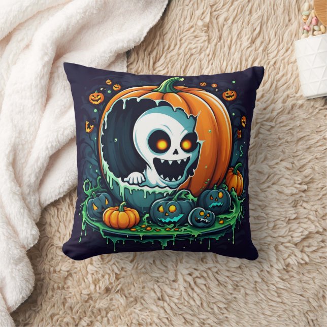 A playful ghost emerges from a Halloween pumpkin Cushion (Blanket)