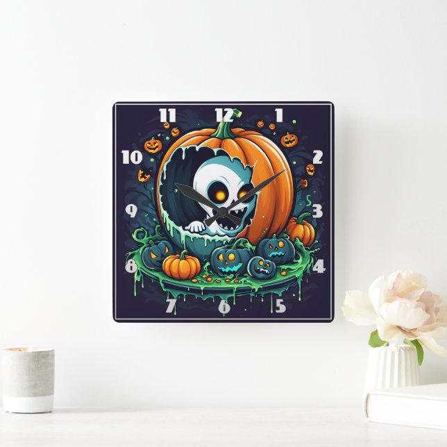 A playful ghost emerges from a Halloween pumpkin Square Wall Clock (Home)