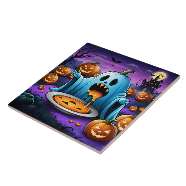 A playful ghost enjoying Halloween festivities Ceramic Tile (Side)