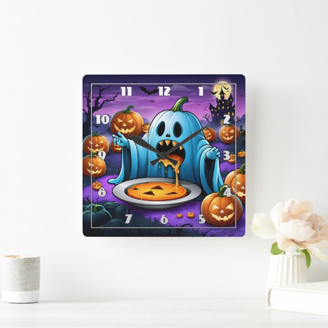 A playful ghost enjoying Halloween festivities Square Wall Clock (Home)