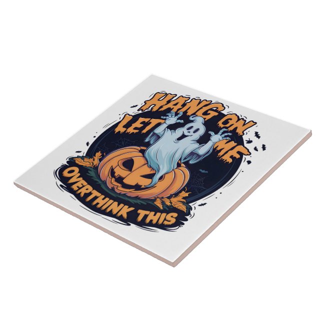 A playful ghost overthinking by a carved pumpkin ceramic tile (Side)