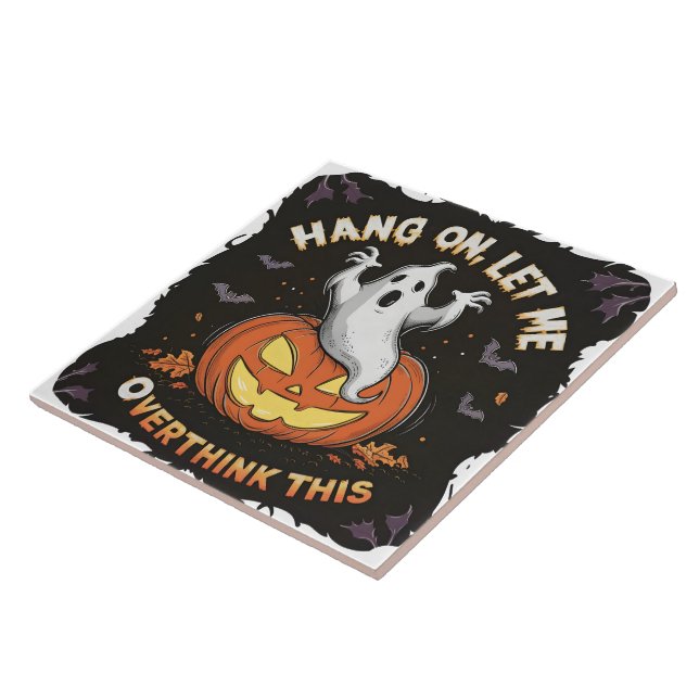 A playful ghost pondering above a jack-o'-lantern ceramic tile (Side)