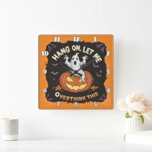 A playful ghost pondering above a jack-o'-lantern square wall clock