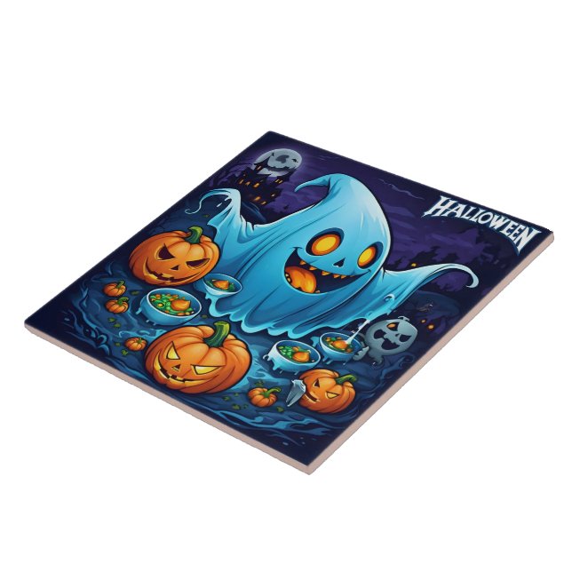 A playful Halloween ghost with pumpkins at night Ceramic Tile (Side)