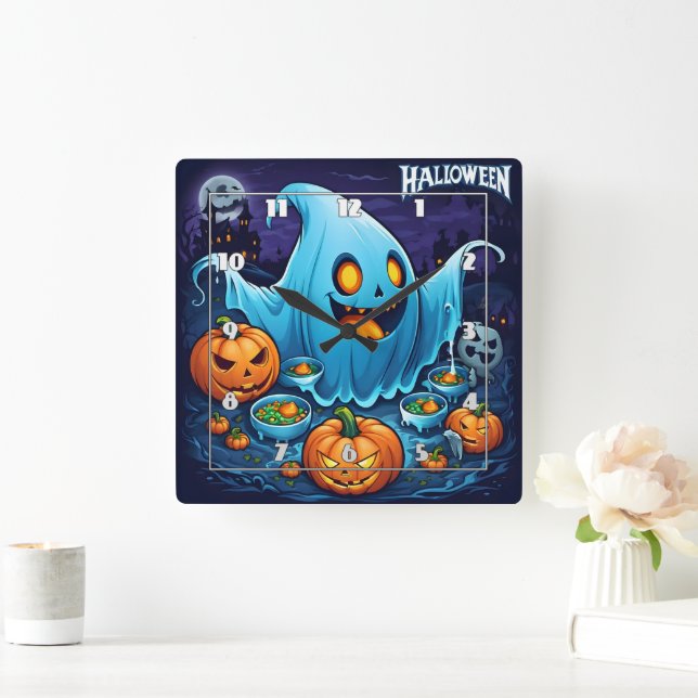 A playful Halloween ghost with pumpkins at night Square Wall Clock (Home)