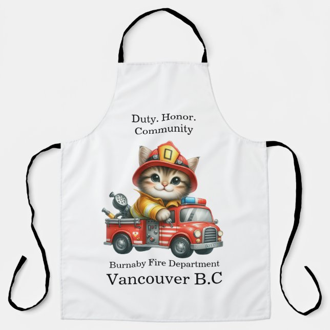 A playful kitten firefighter on a bright red truck apron (Front)