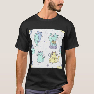 A playful pattern of cartoon cats and fish on a wh T-Shirt