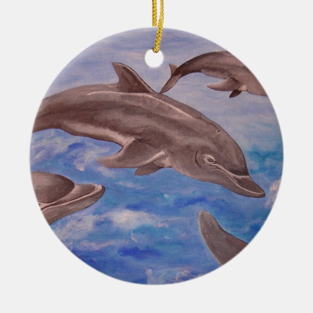 A Pod of Playful Jumping Dolphins Ceramic Tree Decoration (Front)