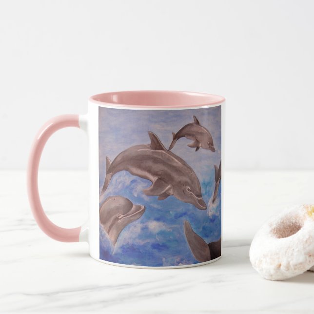 A Pod of Playful Jumping Dolphins Mug (With Donut)