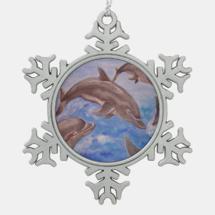 A Pod of Playful Jumping Dolphins Snowflake Pewter Christmas Ornament