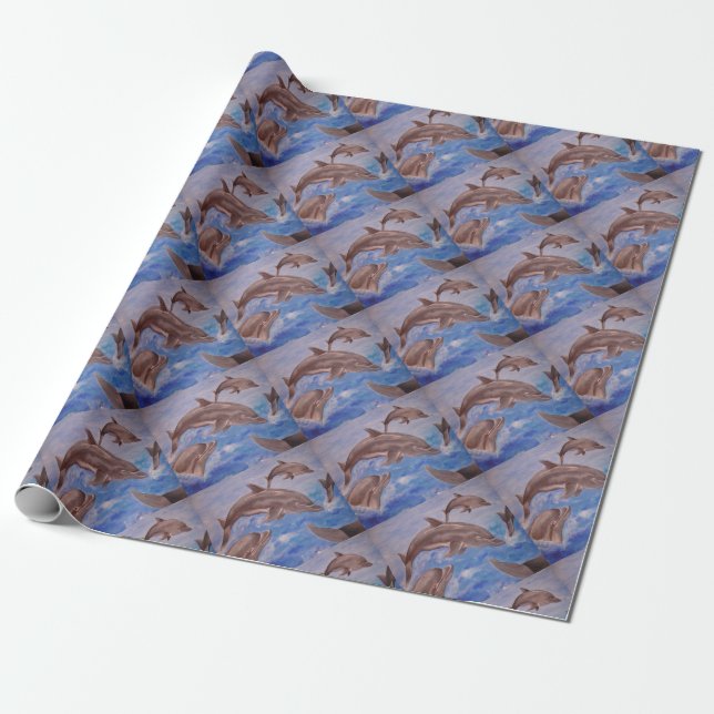 A Pod of Playful Jumping Dolphins Wrapping Paper (Unrolled)