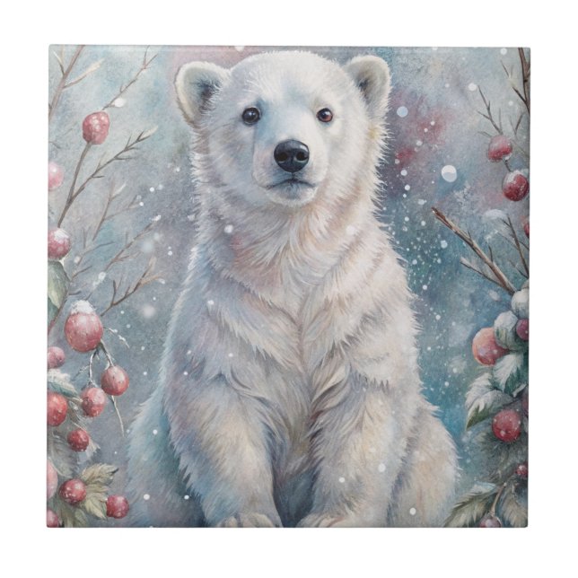 A Polar Bear Cub in Winter Ceramic Tile (Front)