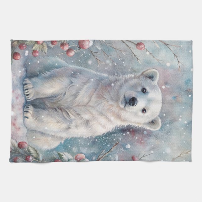 A Polar Bear Cub in Winter Tea Towel (Horizontal)