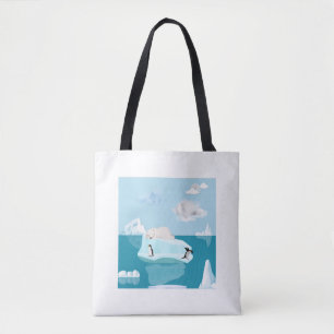 A polar bear is sleeping and penguins on tote bag