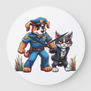 a police dog and a mean cat - humour large clock