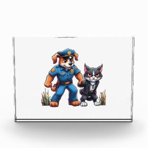 a police dog and a mean cat - humour photo block