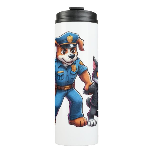 a police dog and a mean cat - humour thermal tumbler (Front)