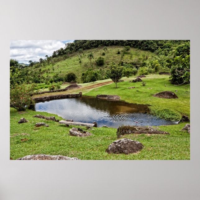A Pond With Small Wooden Bench Poster (Front)