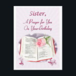 A prayer for a Sister on her Birthday Postcard<br><div class="desc">A prayer for a sister on her birthday. A delicate pink rosebud lying on an open bible. Put your own prayer inside.</div>