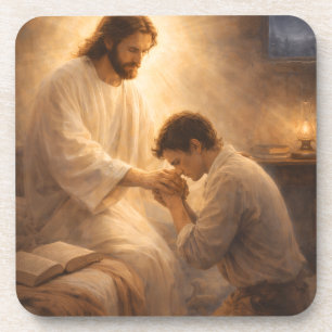 A Prayer on His Knees with Jesus Coaster