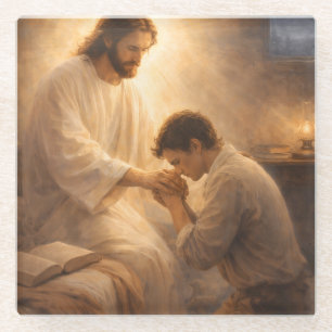 A Prayer on His Knees with Jesus Glass Coaster