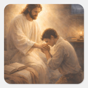 A Prayer on His Knees with Jesus Square Sticker