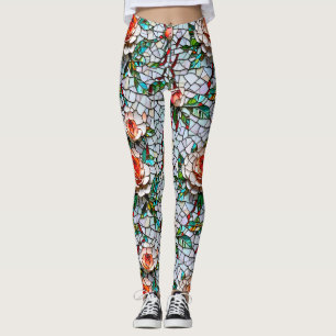 A Pretty Faux Mosaic Floral Pattern Leggings