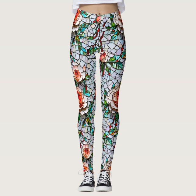 A Pretty Faux Mosaic Floral Pattern Leggings (Front)